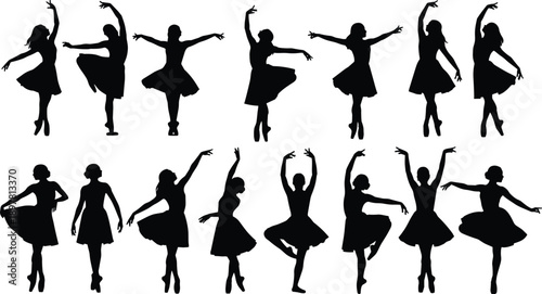 Ballet dancer silhouette set featuring elegant female dance poses, classical choreography movements, artistic performance figures isolated on white background