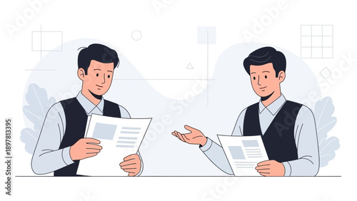 Two businessmen discussing documents at a table, modern flat illustration