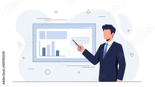 Businessman presenting data on screen, chart analysis, business meeting illustration