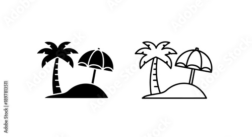 Tropical island with palm tree and umbrella icon, symbolizing vacation and relaxation
