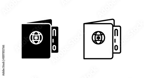 Passport with Globe Icon - Solid Black and Outline Vector Set