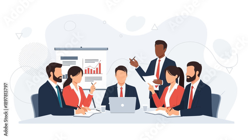 Diverse business team in a meeting, presenting financial growth chart on whiteboard