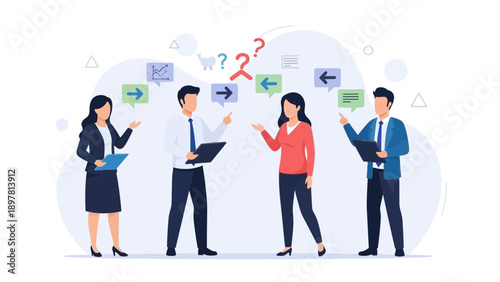 Business team discussing ideas with speech bubbles and question marks