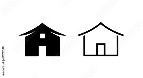 Abstract house icons, black and outline style, symbolizing home and shelter