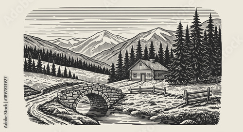 Engraving Style Mountain Landscape with Rustic Log Cabin, Stone Bridge, River, and Forest. Vintage Woodcut Illustration.