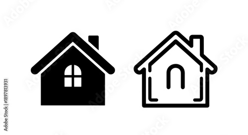 Traditional house icons, solid black and outline, for home, real estate, and cozy concepts