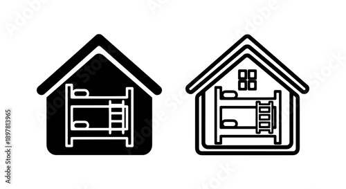 Bunk bed icons in a house shape, black and outline, for dormitory and hostel accommodation