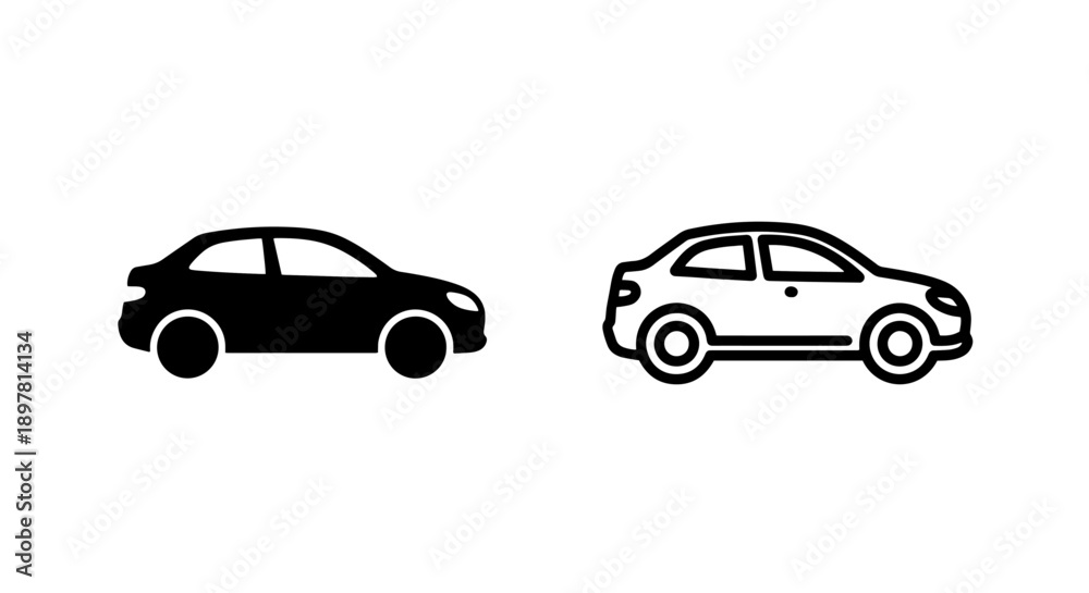 Fototapeta premium Side view icon of a hatchback car, solid black and outline versions for modern vehicle concepts
