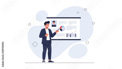 Businessman presenting data on a whiteboard with charts and graphs