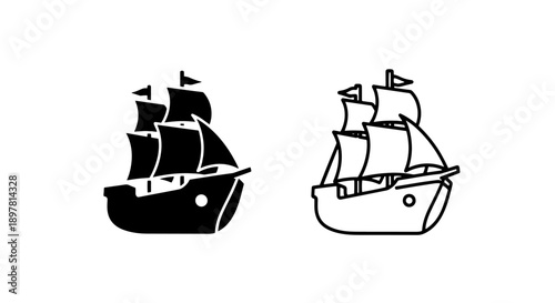 Classic black and white icons of a sailing ship, evoking adventure, history, and maritime themes.