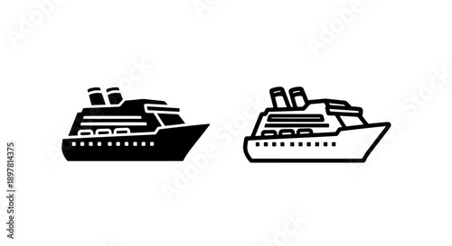 Chic black and white icons of a cruise ship, representing travel, vacation, and luxury at sea.