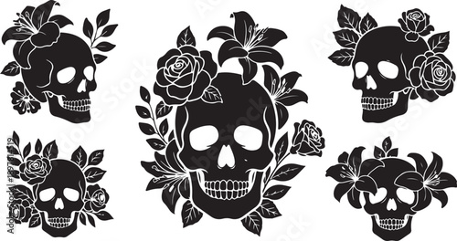 Black and white skulls with floral decorations and roses