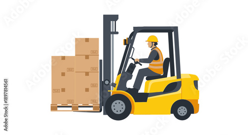 Professional warehouse worker driving a yellow forklift, loading shipping boxes on a pallet. Isolated illustration of logistics, delivery, and material handling operations.