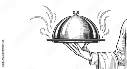Vintage Engraving Illustration of a Waiter's Hand Serving a Hot Meal on a Silver Cloche Tray, Classic Restaurant Service and Gourmet Food Concept.