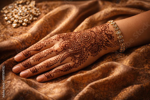 Henna hand mehndi ornament jewelry bracelet gold fabric celebration holidays elegant henna hand mehndi ornament jewelry bracelet gold fabric celebration holidays convey cultural beauty and joyful
