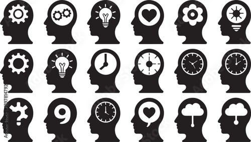 Abstract Human Heads with Symbolic Icons Representing Thoughts and Ideas