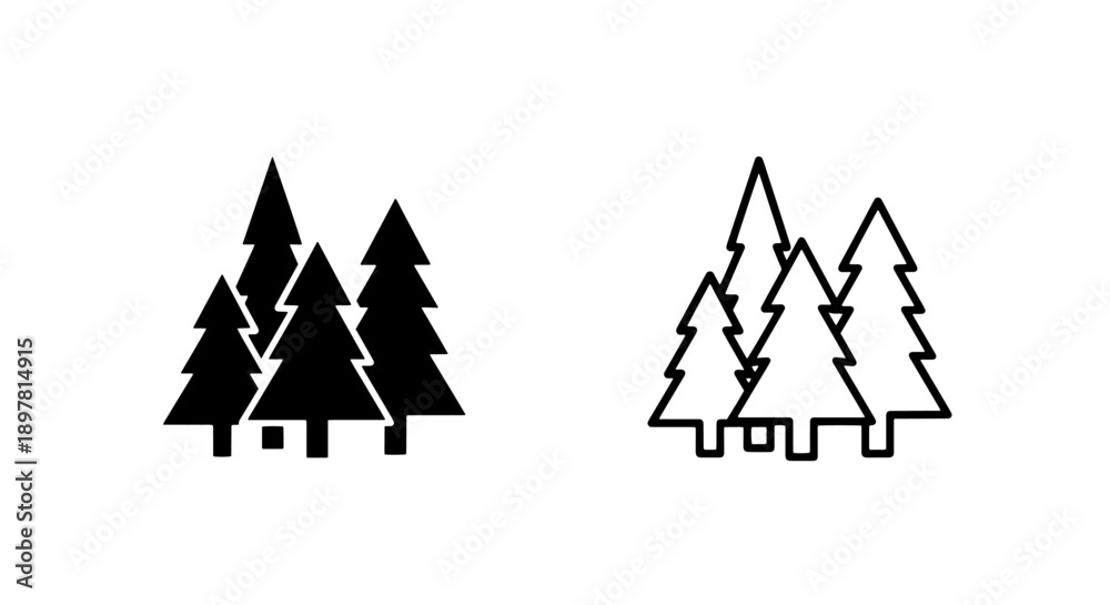 Fototapeta premium Abstract cluster of pine trees icon, depicted in both solid black and outline styles for various applications.
