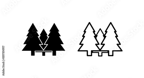 Group of pine trees icon, representing forest or winter. Includes solid and outline versions for versatile use.