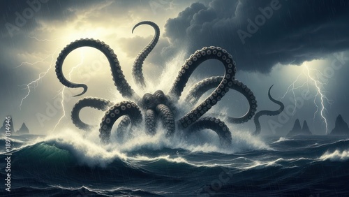 Majestic leviathan emerges amidst a tempestuous sea dominated by ominous clouds and electric storms