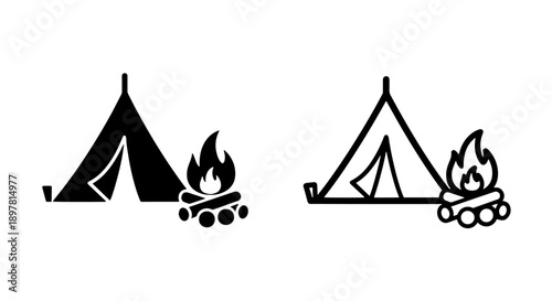 Camping tent and campfire icon set, depicting outdoor adventure. Includes solid and outline versions.