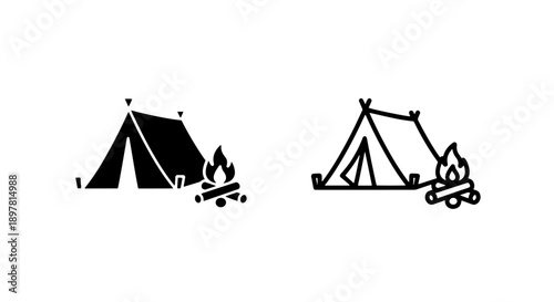 A-frame camping tent and campfire icon, showing a simple outdoor scene. Solid and outline styles available.
