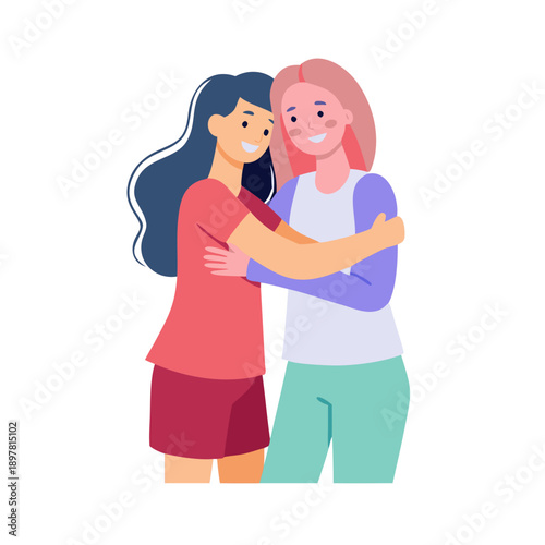 Two girlfriends together, hugging, expressing positive feelings. Women meet and support each other. Vector flat graphics.
