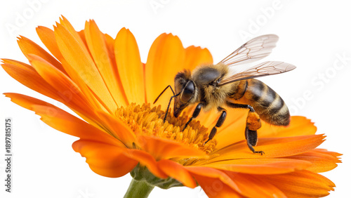 honey bee on yellow flower isolated on transparent background