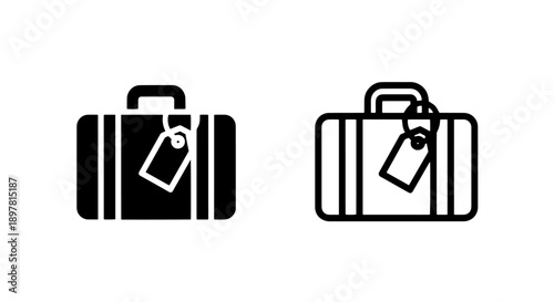 Luggage suitcase icon with tag, in solid and outline, symbolizing travel, journey, and baggage