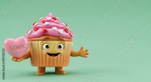 Cute 3D cupcake character holding a pink love heart on a mint green background.