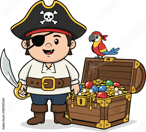Cute Cartoon Pirate Boy with Red Parrot on Shoulder Holding Sword Next to Spider Web Treasure Chest Full of Gold Coins and Gems