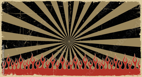 Vintage Hot Rod Flames Background with Sunburst Stripes and Grunge Texture. Retro Kustom Kulture Poster Design Element.