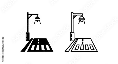 Vector icons of a street with a crosswalk and lamppost, representing urban infrastructure, in solid and outline styles.