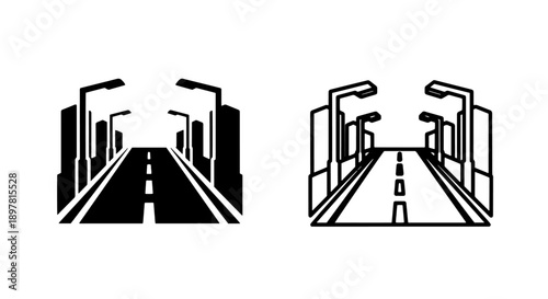 Vector icons of a perspective road leading through a city with lampposts, in solid black and outline, symbolizing journey.