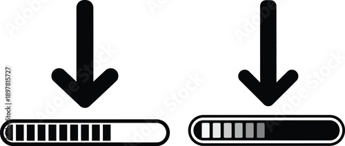 Two arrows pointing downwards with progress bars beneath them isolated on white background