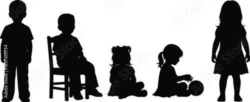 Vector silhouettes of young children and toddlers standing sitting on a chair and playing with a ball on white background