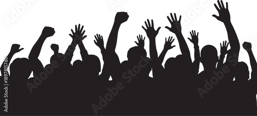 Silhouette of a crowd with raised hands in celebration