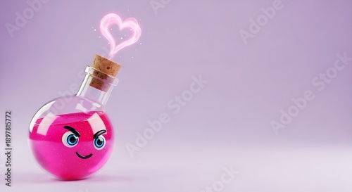 Pink potion bottle with a glowing heart on a pastel purple background.