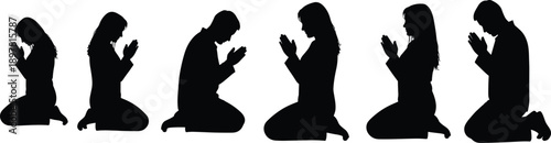 Set of black silhouettes featuring men and women kneeling in prayer, meditation, and spiritual worship poses isolated on a white background
