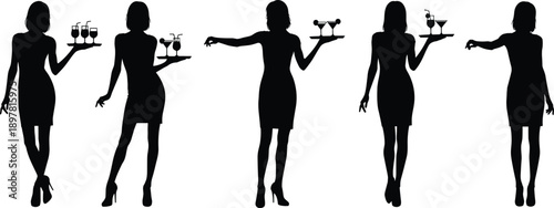 Set of black silhouettes featuring female waitresses and hostesses carrying cocktail trays and serving drinks isolated on a white background