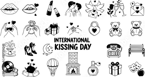 International Kissing Day Love  Romance Icons Set. Hand-Drawn Black  White Line Art Doodles for Relationships, Dating, Affection, and Valentine's Day.