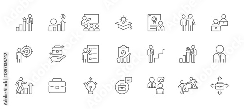 Career Development icon set containing career, pay rise, training, education, certification, mentorship, job shadowing, goal setting, career opportunity vector icons