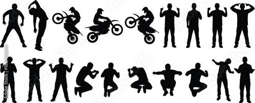 Set of black silhouettes featuring male figures in active lifestyle poses, dirt bike stunting, jumping, stretching, and expressive hand gestures on white background