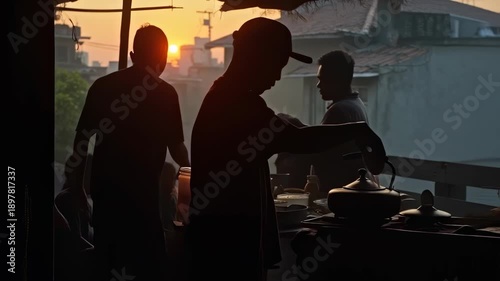 Silhouettes of people enjoying tea at sunset in a bustling street market.
