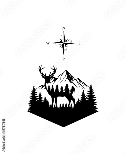 Isometric Deer and Mountain Compass Vector Art
