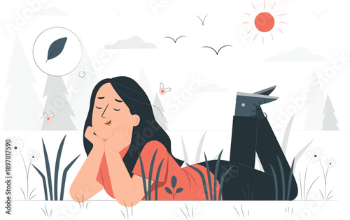 A young woman lies relaxed in a serene landscape with birds flying overhead and a sun shining brightly