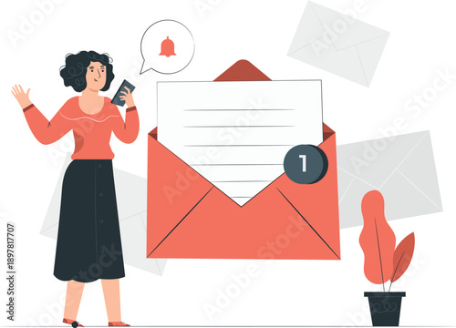 Woman receiving notification on mobile device next to large envelope and papers on table