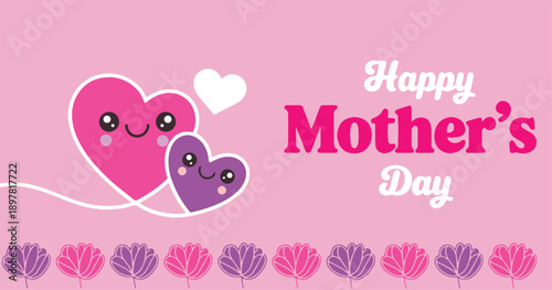 Adorable Mothers Day banner with happy smiling hearts and a sweet row of colorful tulips