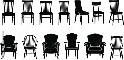 Chair silhouettes collection isolated on white background, vintage modern seating furniture icons, black vector illustration set for design