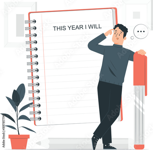 Man leaning on a giant notepad with resolution text, contemplating New Year's goals, indoors with a plant nearby, illustrated scene from a side view