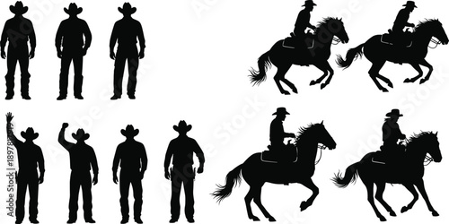 Cowboy silhouette icons, standing and riding poses, horseback motion, Western culture, black vector illustrations, wild west design